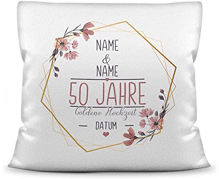 Tassendruck Kissen Hochzeitstag Goldene Hochzeit - mit Name & Datum selbst gestalten - 50 Jahre Ehe, Geschenk Hochzeit, Jubiläum, Jahrestag - Hochzeit Kissen Weiß flauschig, 40x40 cm I Personalisiert