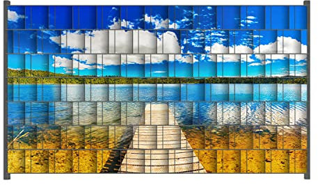 Wallario Zaun Sichtschutz Windschutz für EIN- und Doppelstabmattenzäune in der Größe Breite 2,50m x Höhe 1,40m, Motiv: Klarer See mit Steg - Blauer Himmel