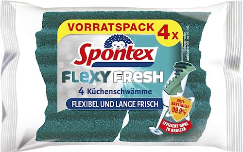Spontex Flexy Fresh x4 - Spugna per la pulizia con protezione antibatterica, flessibile, lunga fresca, antigraffio, 1 confezione da 4 pezzi