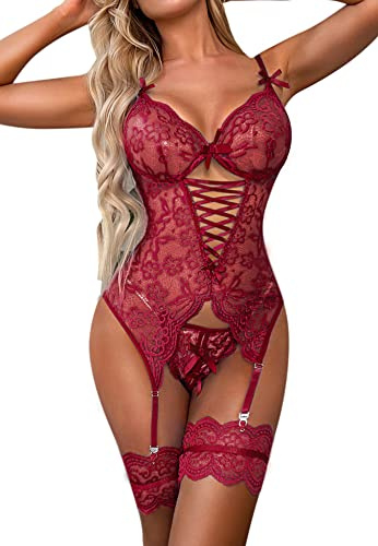 EVELIFE Women's Lingerie Sets Sexy Lace Bodysuit with Thigh Cuffs Underwear Teddy Babydolls with Thigh Garter No Stockings (Wine Red,L)
