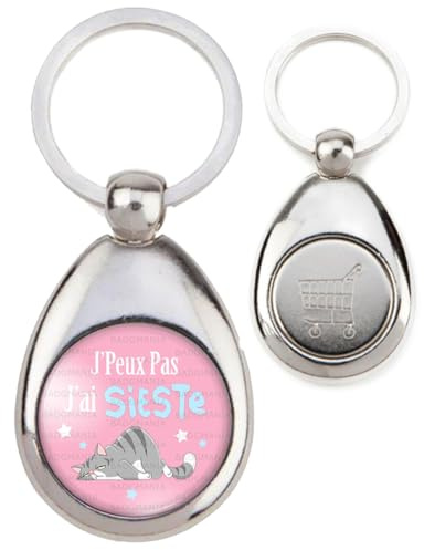 BADGMANIA | Porte Clés Métal Jeton de Caddie | J'Peux Pas J'ai Sieste - Chat fond rose - Humour Excuse Alibi Idée Cadeau