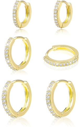 Gold Hoop Earrings,14K Real Goldplated Hoops with AAA Diamond Zirconia For for Women Girls, Small Huggie Hoop Earrings Set for Women, 3 Pairs Sterling Silver 925 Cartilage Hypoallergenic Earring