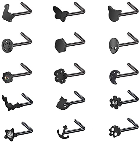 ZS Nasenstecker für Frauen, 20 g, 15 Stück, Chirurgenstahl, L-förmig, schwarzer Fledermaus-Schädel, Korkenzieher, Nasenpiercing-Schmuck, Edelstahl