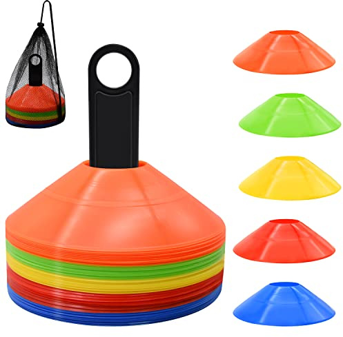 FGBNM 50 Pack Disc Cones, Agility Soccer Cones with Carry Bag and Holder, Soccer Cones for Sports Training, Football, Soccer, Basketball, Coaching, Practice Equipment, 5 Color