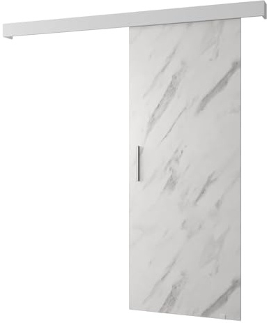 KRYSPOL Schiebetürsystem Salwador 1 Komplett-Set für Schiebetüren, Trennwände Innentüren, Modern Design (Weißer Marmor/Gitter: weiß matt/Griff: Silber)