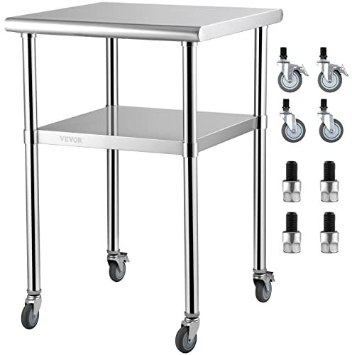 VEVOR Tavolo da Lavoro con Ruote Acciaio Inox 61x61x91,4 cm, Tavolo di Preparazione 2 Ripiani Portata max. 272,4 kg, Tavolo da Cucina Commerciale Altezza Ripiani Regolabile per Ristorante Bar Garage