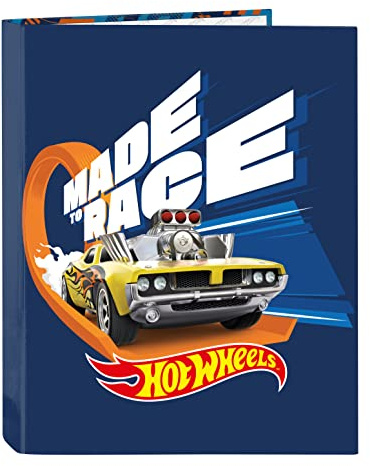 HOT WHEELS Speed Club Ordner mit 4 Ringen, ideal für Kinder verschiedener Altersgruppen, bequem und vielseitig, Qualität und Widerstandsfähigkeit, 26,5 x 33 cm, Marineblau und Orange