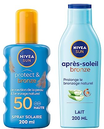 NIVEA SUN Routine bronzage, Spray solaire Protect & Bronze FPS 50 et après-soleil prolongateur de bronzage, Protection solaire pour tous types de peau