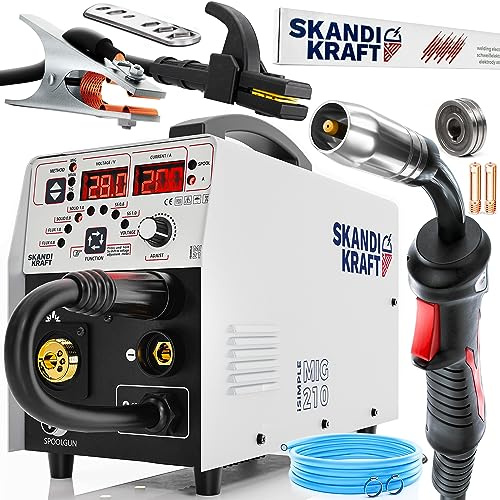 SKANDI KRAFT iSimple MIG 210 - MIG MAG Schweißgerät Schutzgas und gaslos mit 3 Synergieprogrammen - Leise, leistungsstark und kompakt - 200A 4 in 1: MIG/MAG, LIFT-TIG, MMA und Lötschweißen