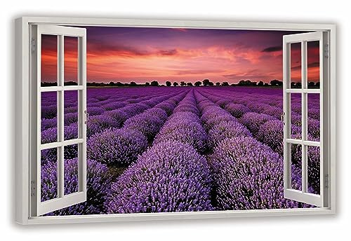 HUBDECO Leinwandbild Fensterblick Lavendelfeld Bild 120x80 cm - Landschaftsbilder auf Leinwand - Wandbilder Wohnzimmer - Bild Fenster mit Ausblick - Aesthetic Room Decor - Wanddeko Schlafzimmer
