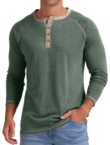 Sailwind Mens Henley T-Shirt Long Sleeve Cotton Tops Casual Shirt (VG Green, XL)