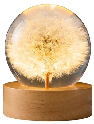 Bola de Cristal 3D de 6 cm - Lámpara de Noche Con Base de Madera y Margarita Perpetua - Decoración de Mesa del Hogar y Regalo de Cumpleaños