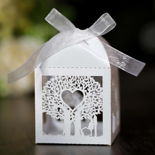 SYSUII 50 Stück Hochzeit Geschenkbox Süßigkeiten Kasten Liebe Herz Gastgeschenke Schachtel Schokolade kartons/klein Schmuck Geschenkbox Bomboniere mit Bändern für Geburtstag Taufe Party -Weiße