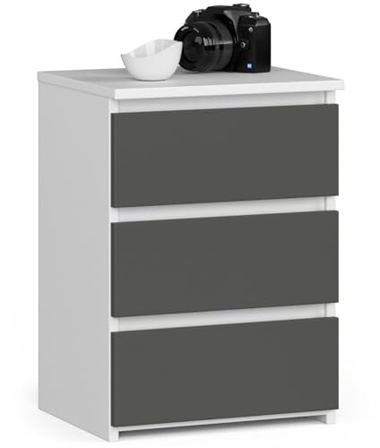 AKORD | Nachttisch Kommode CL-3 mit 3 Schubladen | für das Wohnzimmer Schlafzimmer Schrank Büro Arbeitszimmer | Modernes Funktionales Design | B40 x H57 x T35 cm, Gewicht 26 kg | Weiß | Graphitgrau