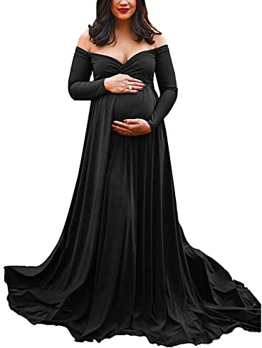 Vuncio Robe à épaules Dénudées Grossesse Long Shooting Photo Manche Longue Confortable Robe Maternité Fête Soirée Cérémonie Maxi Robe Grossesse Chic Et Elegant Pas Cher Mariage (Black, L)