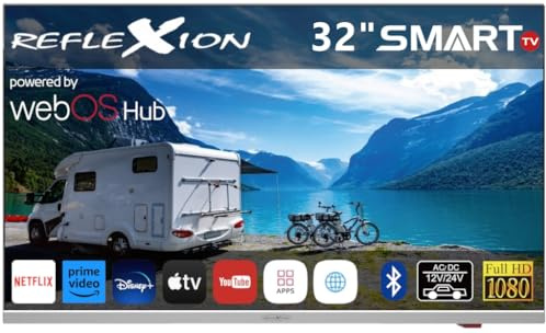 REFLEXION Smart LED Fernseher, LG webOSHub, 80 cm/32 Zoll, Rahmenloser Wohnwagen/Wohnmobil/Camping/Caravan/Boot/LKW TV, Slimline, 12/24/230 Volt, Full HD, Triple Tuner, Bluetooth, WLAN, Schwarz/Silber