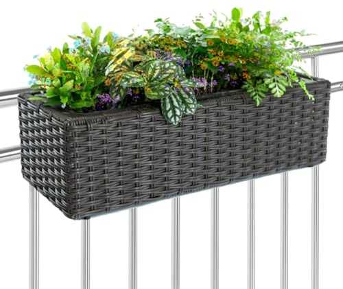 BAKAJI Blomlåda rottingeffekt med krokar och ringar för balkong, blomkruka för balkong och bord, för utomhusbruk och inomhus, hållare 1 fack UV-resistent 54 x 22 x 17 cm
