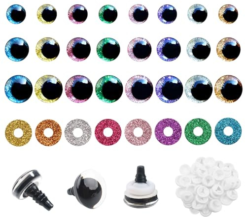 TOAOB 48 stycken säkerhetsögon dockögon glitter 16 mm 18 mm 25 mm plast pyssel ögon färgglada knappögon med brickor för virkade djur docka marionett plyschdjur nalleögon