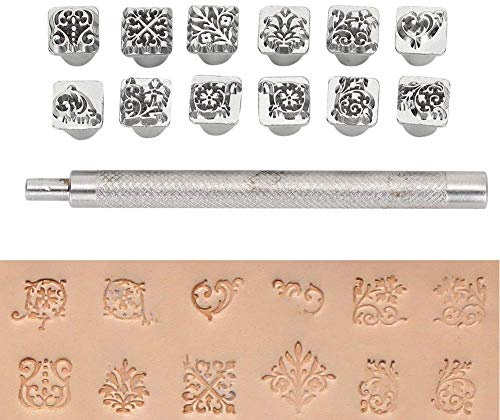 Yosugar Leder Stempel, 10mm Metall-Stanzwerkzeuge, 12 Stück Botanischer Stempel und 1 Stück Griff für Prägen DIY Ton Handwerk Druck