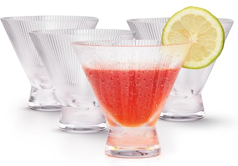 KooK Stemless Ribbed Martini Glasses, Footed Drinking Cups, Great for Cocktails, Margaritas, Liquor, Desserts and More, Dishwasher Safe, Clear, 9 oz, Set of 4