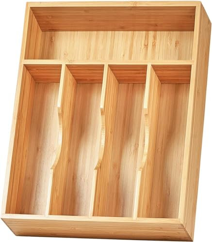 Ichigo Ichie Organizador de Bambú para Utensilios de Cocina, Bandeja de Cubiertos con Divisor de 5 Compartimentos, Cubertero para Cubiertos y Almacenamiento, 34x25x4cm, Bambú Natural