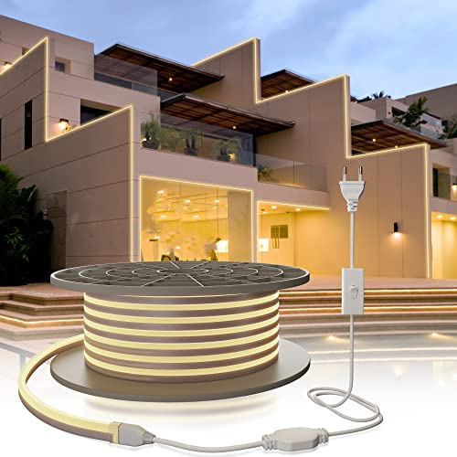 YOODI 220V Strisce LED, Impermeabile IP65 15 Metri Neon Led Esterno con Interruttore Bianco Naturale 4000K PVC Tagliabile Striscia Led 120LED/M Flessibile Luci LED Camera da Letto Per Addobbi Natalizi