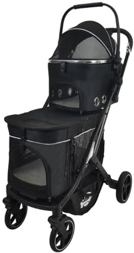 Doppelter Haustier-Buggy Für 2 Kleine Und Mittelgroße Katzen Und Hunde, Faltbarer Katzen-Buggy, Hunde-Buggy, Trolley, Jogger, Reise-Spazierwagen Mit Abnehmbaren Trägern, Aufbewahrungskorb,Schwarz