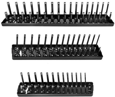 3Pcs Socket Organiser Tray Set, Socket Storage Rack Socket Holder Metric Plastic Socket Holder Tray for Toolbox - Black