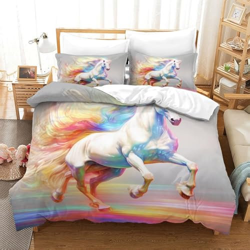HCXXAOEYP Pferd Bettbezug Set Bettwäsche Kinderbettwäsche Reißverschluss Mit Kissenbezug Betten Set Für Jugendliche Kinder Schlafzimmer Single（140x200cm）