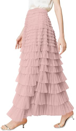 Women's Tulle Maxi Skirt High Waist Elastic Tiered Ruffle A-Line Flowy Party Wedding Guest Skirts Comfortable Daily Wear(Pink-M)