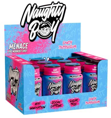 NaughtyBoy Menace Pre-Workout Shot - Candy Bubblegum,12 x 60ml, No Artificial Preservatives, HPP Processed, Pre-Training Energy