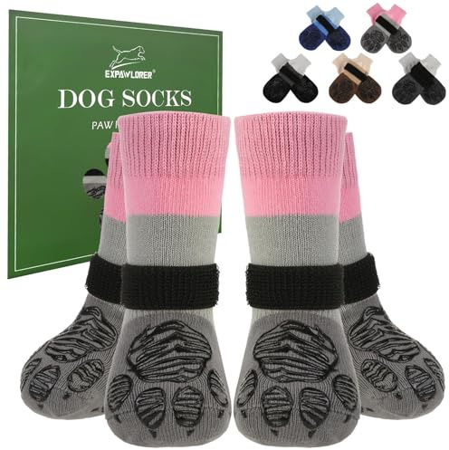 EXPAWLORER 2 Paar Hundesocken Anti-Rutsch doppelseitig zum Leckschutz mit verstellbaren Riemen für den Innenbereich, rutschfeste Hunde Socken Pfotenschutz Hund Verletzung Hundeschuhe, Rosa M