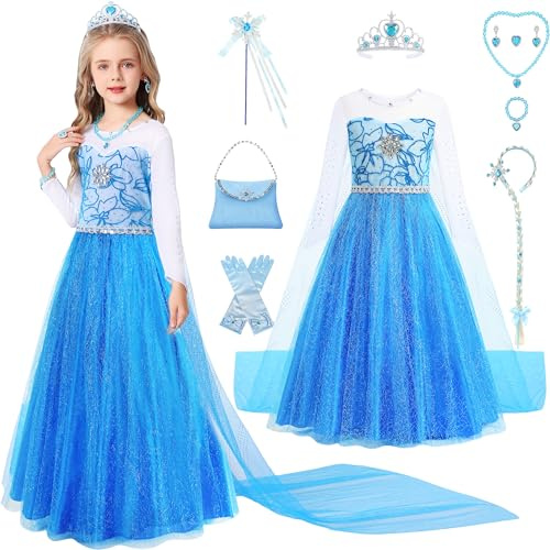 Velmawig Prinzessin Elsa Kostüm Mädchen, Elsa Kleid Eiskönigin Faschingskostüme Kinder Elsa Kostüm Kinder Elsa Kleid Mädchen mit Zopf Zauberstab Krone Handschuhe Halskette Handtasche Ohrringe VL045L