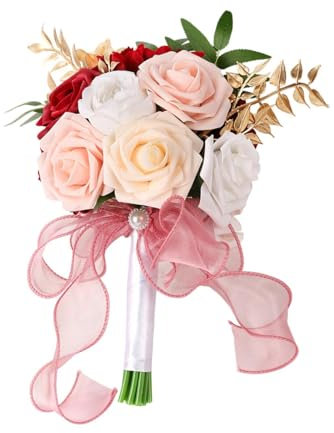 Milageto Bouquet da sposa con rose artificiali da 29 cm, bouquet da lancio, puntelli per foto, bouquet di fiori da sposa romantico con nappa fatta a mano, Rosso