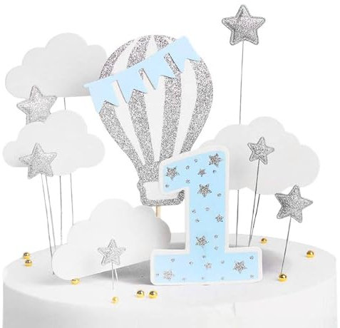Bralucy 1st Birthday Happy Cake Decoration 12pcs Baby Cake Topper With Silver Glittering Stars Glittering Hot Air Balloons Cake Pick Decorations White Clouds Blue