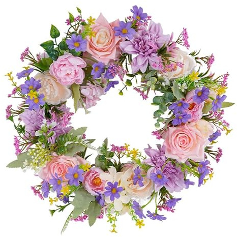 Türkranz Frühling, 45cm Frühlingskranz Haustür mit Blumen, Osterkranz Haustür Frühlingsdeko Zum Aufhängen, Bunte Frühlingskranz Türkranz für Haustür Außen,Blumenkranz für Wand Tür Fenster (I)