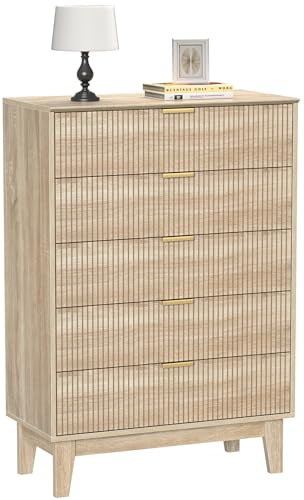 Skokliz Kommode mit 5 Schubladen Kommode Schlafzimmer Flur Wohnzimmer Organizer 80x40x116cm, natürlicher Highboard Sideboard Mehrzweckschrank Schrank schmal