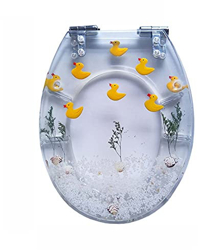 Transparenter, länglicher Toilettensitz, 0,6 Zoll Dicker Toilettensitz aus Harz, runder Toilettensitz, mit leise schließenden und schnell öffnenden Scharnieren, kleine gelbe Ente