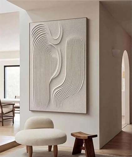 Grand tableau texturé 3D beige, toile abstraite en plâtre, art mural Wabi Sabi, décoration murale minimaliste moderne, cadre 80x120 cm