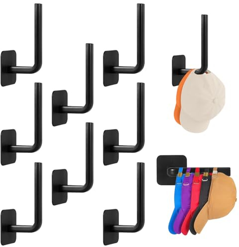Yzpklhw Hat Hooks for Caps Storage, 8 Pack Multi-Purpose Hat Organizer, Strong Adhesive Hats Racks Mounted Adhesive Hats Hanger Strong Cap Hanger for Wall Walk-in Closet Or Changing Room (Black)