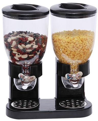 MUL-BOUTIQUE Dispensador de cereales de doble habitación, 3,5 L, distribución de 28 g por rotación, plástico duradero, 35 x 34,5 x 20 cm (Negro)