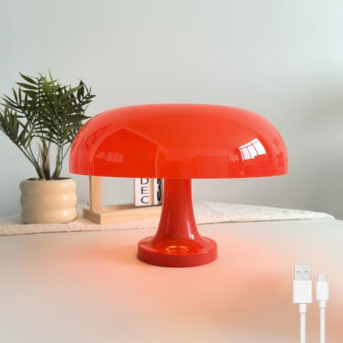EOEO Tischlampe Kabellos Dimmbar LED Touch Nachttischlampe Akku Pilz Tischleuchte, USB Aufladbar 1800mAh, Acryl Lampeschirm, Pilzlampen Schreibtischlampe für Wohnzimmer Schlafzimmer,Rot