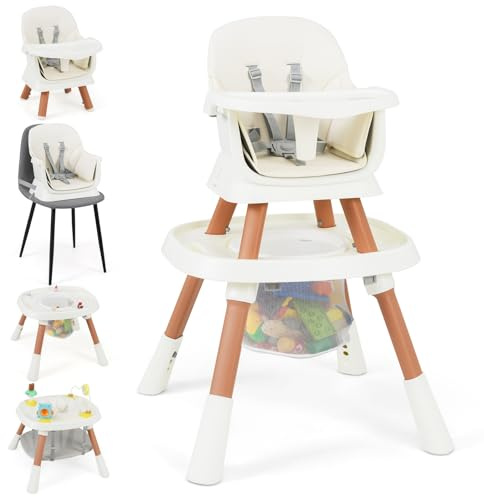 LIFEZEAL Hochstuhl Baby, Babyhochstuhl mit Sicherheitsgurt & Tablett, Umwandelbarer Kombihochstuhl mit Netz-Aufbewahrungskorb, Essstuhl Kindersitzgruppe für kleinkinder ab 6 Monate (Weiß + Natur)