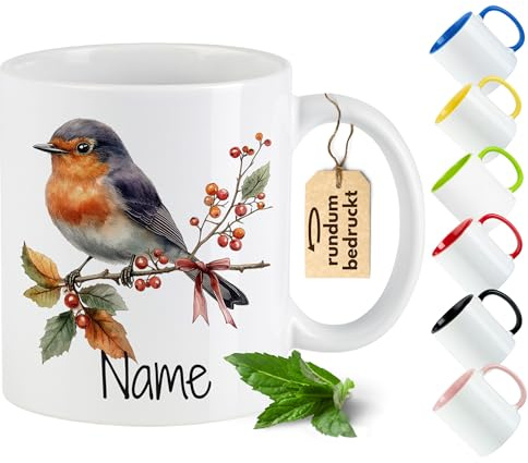 GRAZDesign Rotkehlchen Tasse Vogel Kaffeetasse mit Namen personalisiert Geschenk für Birdspotter Kaffeebecher Vögel Becher - Rot