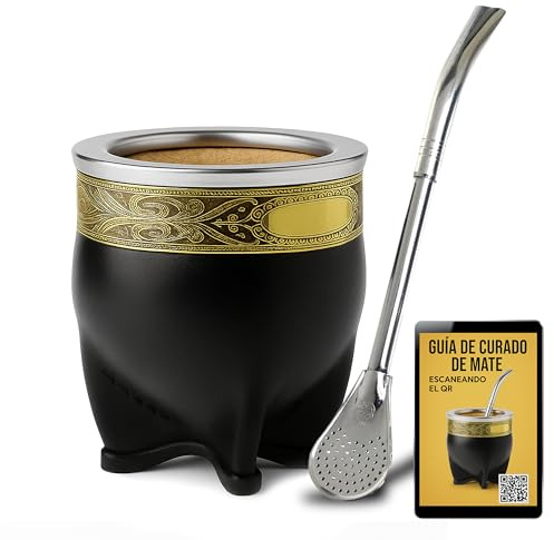 Alevem Kit Mate Imperial Premium + Bombilla Mate Pico de Loro | Vaso Calabaza Artesano y Bombilla de Acero Inoxidable Ideal para Regalar o Tomar diariamente | Incluye Guía de Curado