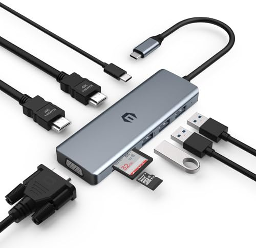 Tiergrade Laptop USB C Hub, 9 in 1 Docking Station USB C Dual Monitor Multiport Adapter with 2 4K HDMI, VGA, PD 3.0, USB 3.0 SD/TF Card Reader for MacBook Type-C Laptops and Windows