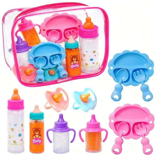 12 Pcs Baby Doll Accessories - Babies Dolls Toys Feeding Set, 2 Magic Dolls Bottles with Disappearing Milk, 2 Juice Bottles, 2 Toy Pacifier Dummy, 2 Sets of Toy Dinnerware, A Storage Bag for Girls