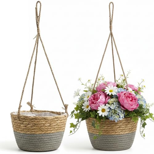 Lawnrden Cesta Colgante de Interior, Paquete de 2 cestas Colgantes, Tejidas a Mano para Plantas de Interior, Colgador de Plantas de Pasto Marino Bohemio para decoración del hogar, jardín, Patio, Gris