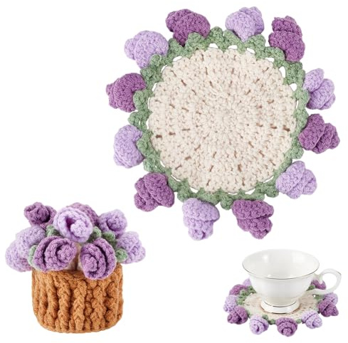 CRAFTYMELODY 2 sottobicchieri all'uncinetto con cesto blu di Prussia fatto a mano con bouquet di rose romantiche per ufficio, caffè, protezione da tavolo, decorazione per la casa, design con rose