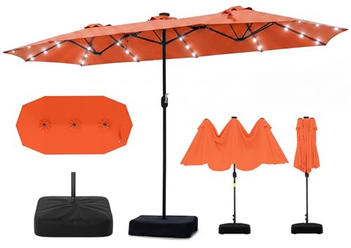 RELAX4LIFE Grand Parasol de Jardin Exterieur LED avec Pied, 4x2M Parasol Double Éclairé pour Terrasse/Piscine/Marché, 12 Baleines Renforcées, Manivelle, Protection Solaire pour 6-8 Personnes (Orange)